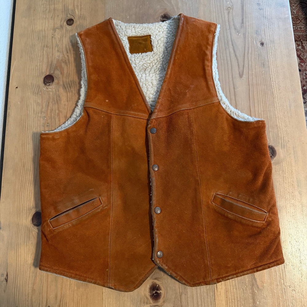 Vintage Western Suede Sherpa Lined Vest Cognac Brown Cowboy Boho Medium/Large